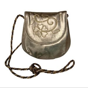 Vintage Miss Lewis Gold Tone Purse Floral Embroidery Cord Strap Crossbody Muted